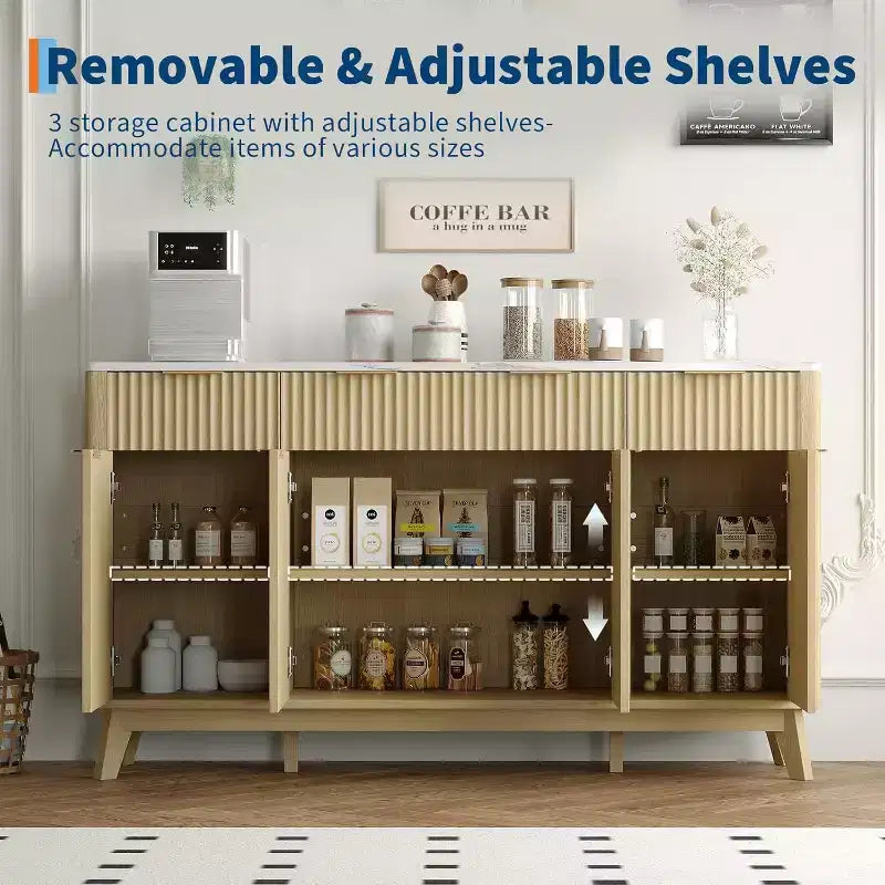 60" Farmhouse Sideboard Buffet Cabinet with Drawers, Adjustable Shelves & Fluted Wood Doors