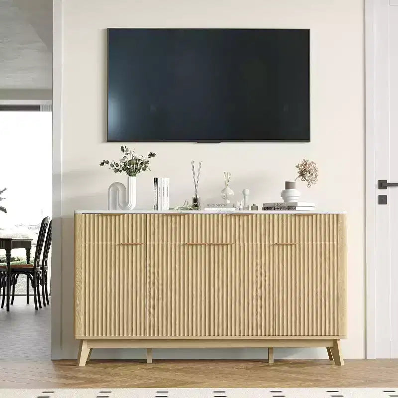 60" Farmhouse Sideboard Buffet Cabinet with Drawers, Adjustable Shelves & Fluted Wood Doors