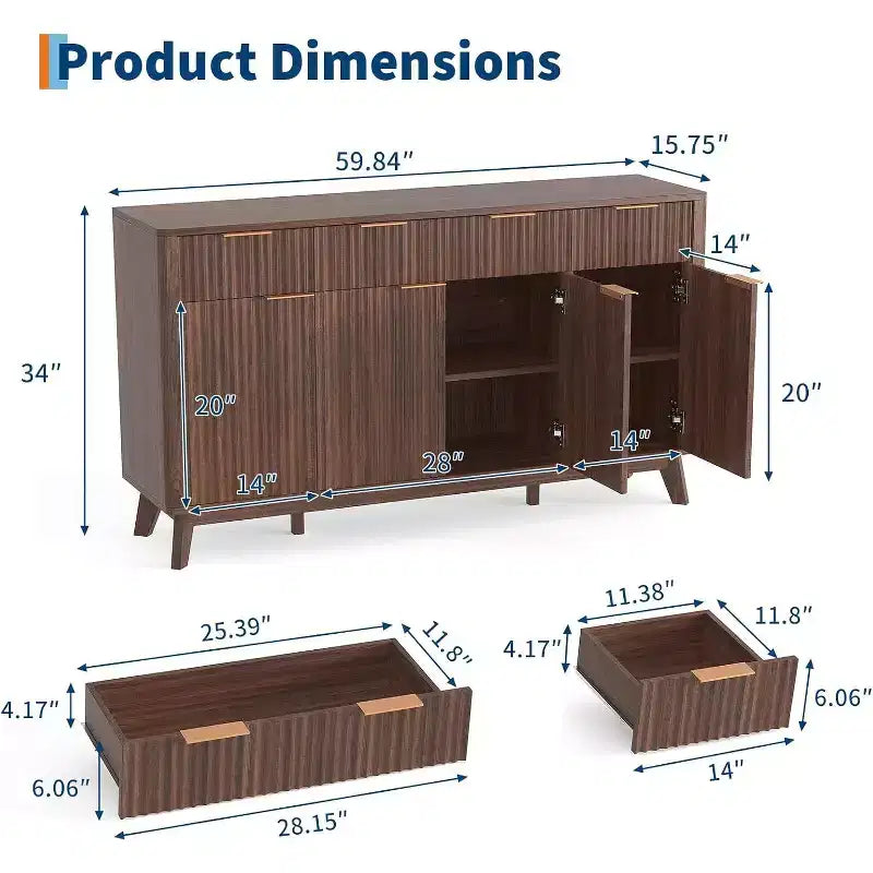 60" Farmhouse Sideboard Buffet Cabinet with Drawers, Adjustable Shelves & Fluted Wood Doors