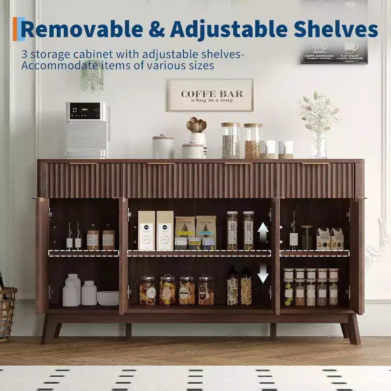 60" Farmhouse Sideboard Buffet Cabinet with Drawers, Adjustable Shelves & Fluted Wood Doors