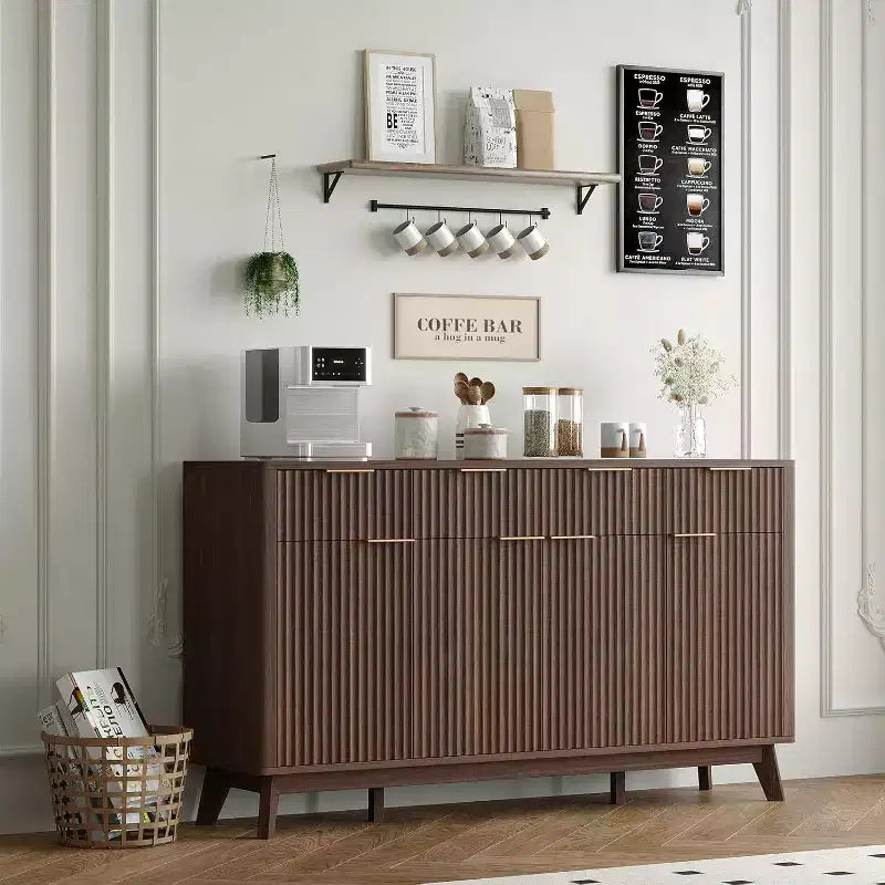 60" Farmhouse Sideboard Buffet Cabinet with Drawers, Adjustable Shelves & Fluted Wood Doors