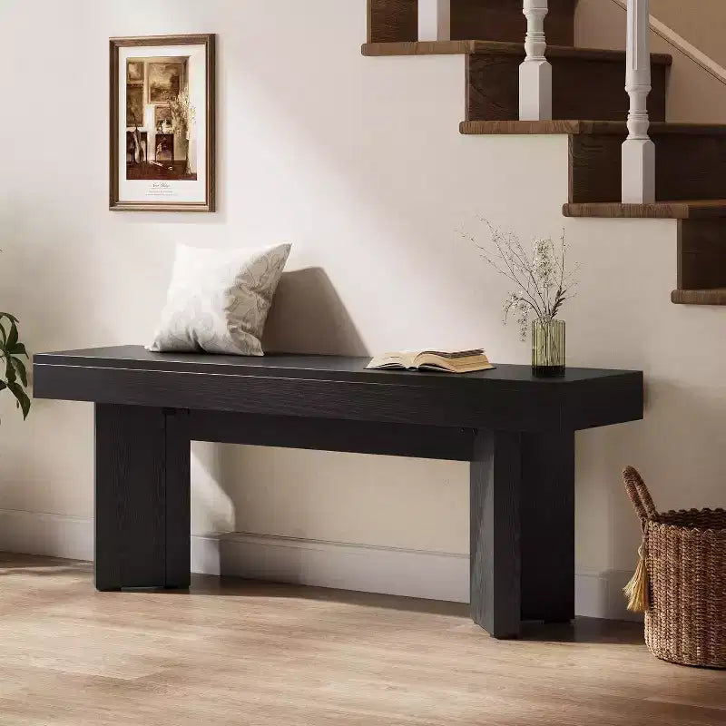 47" Wooden Entryway Bench, Farmhouse Indoor End of Bed Bench, Long Table Bench Seat for Bedroom, Hallway, Foyer (Black)