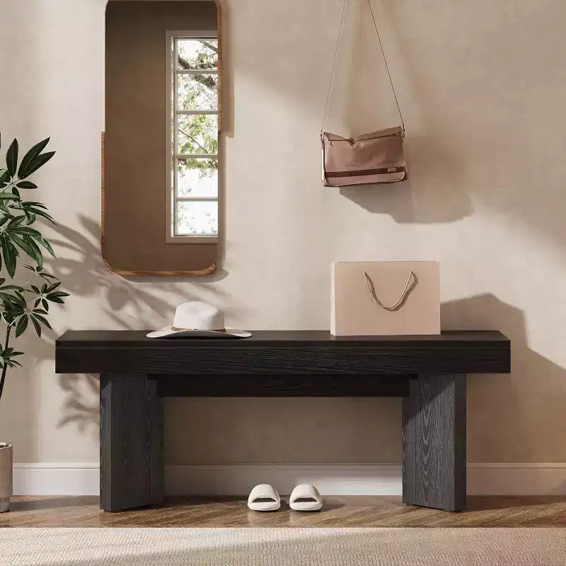47" Wooden Entryway Bench, Farmhouse Indoor End of Bed Bench, Long Table Bench Seat for Bedroom, Hallway, Foyer (Black)