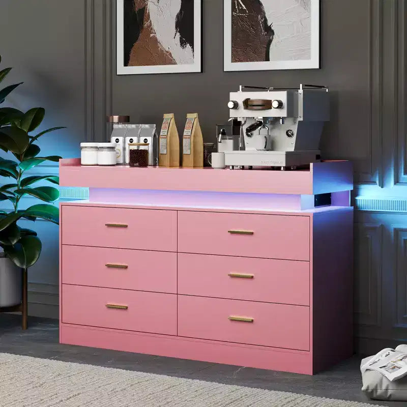 Meuble TV moderne avec 6 tiroirs et lumières LED, bar à café flottant pour centre de divertissement de salon