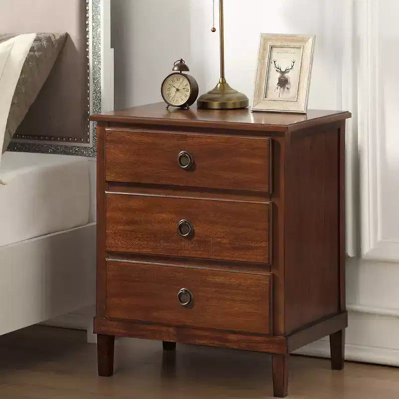 Brown 3-Drawer Nightstand with Antique Bronze Hardware