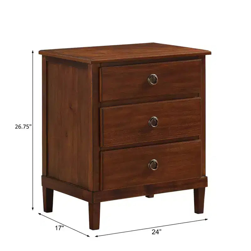 Brown 3-Drawer Nightstand with Antique Bronze Hardware