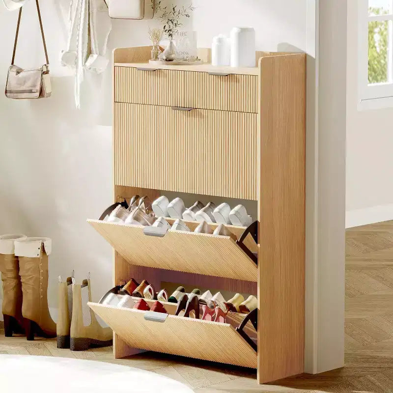 Meuble à chaussures moderne blanc avec 3 tiroirs basculants et 2 petits tiroirs et crochet, organiseur de rangement à chaussures fin cannelé, meuble d'entrée étroit