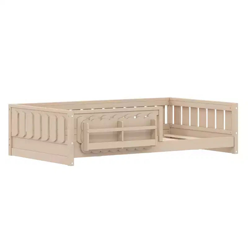 Cadre de lit plateforme pour enfant, tailles jumeau et double, avec barrière de sécurité, étagères intégrées et rangements