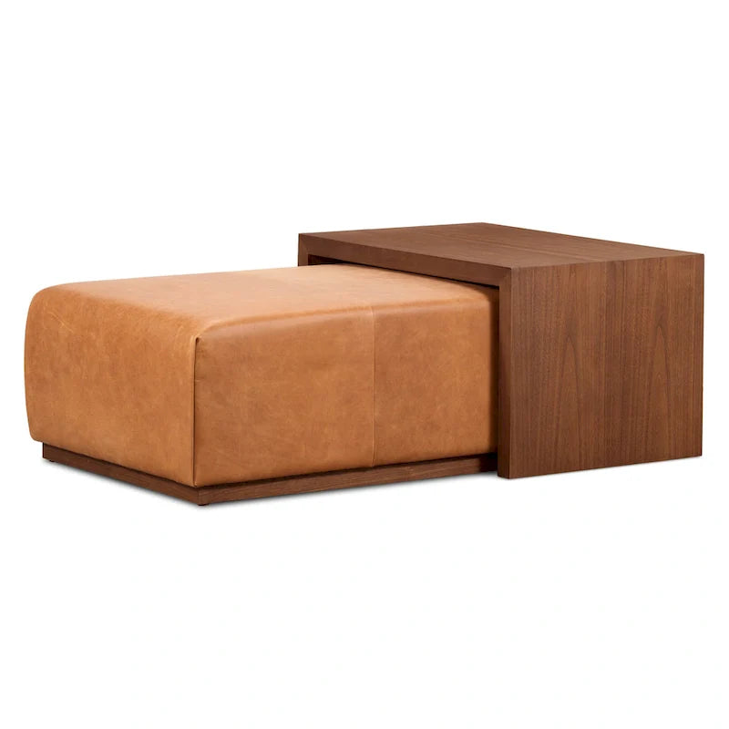 Ottoman Poly & Bark Jarmo avec table en noyer réglable – Cuir pleine fleur véritable italien