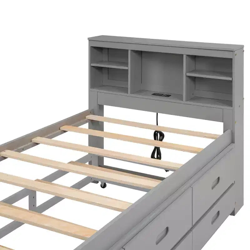 Lit plateforme avec lit gigogne et tiroirs, lit plateforme de rangement avec USB, lit plateforme en bois avec bibliothèque