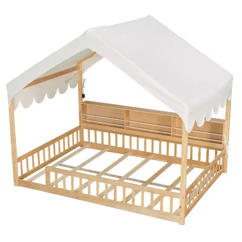 Cadre de lit en bois pleine grandeur Whisen, lit de repos en forme de maison avec clôture, 3 étagères de rangement, rideau