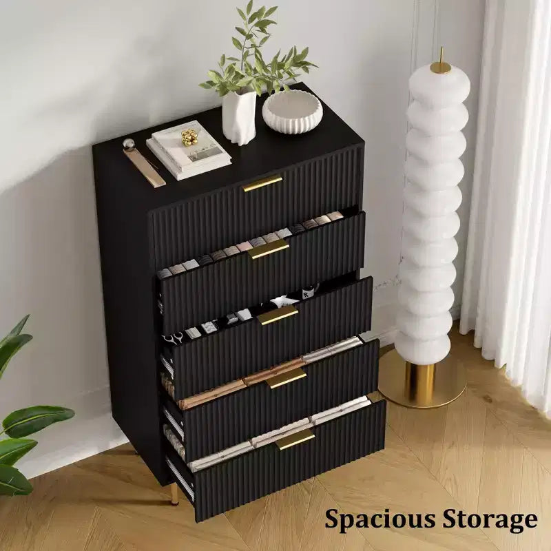 Commode à 5 tiroirs blanche / marbre et bois – Panneau cannelé, pour 1 personne