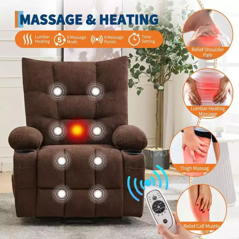 Fauteuil inclinable releveur électrique pour personnes âgées avec fonctions massage et chauffage, inclinable surdimensionné avec fonctions massage et chauffage, revêtement doux et rembourré, poche latérale et porte-gobelets