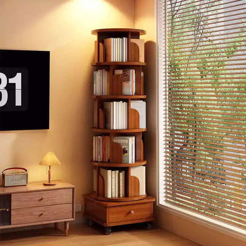 Bibliothèque d'angle pivotante à 360° Chic Crate à 6 niveaux avec roulettes, étagère étroite pour petits espaces, marron noyer