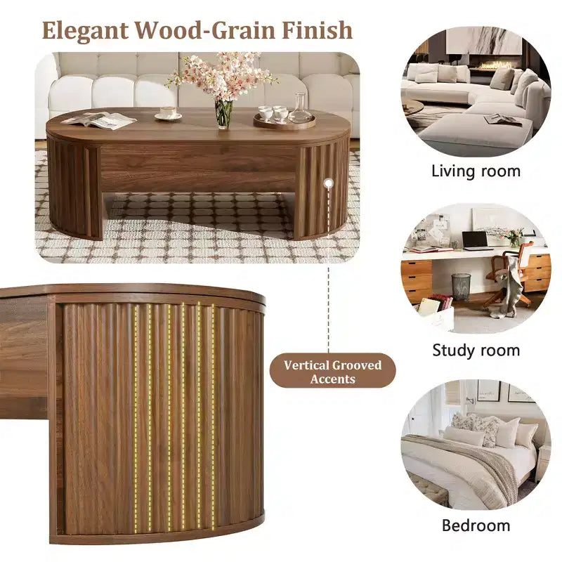 Table basse relevable de 120 cm avec compartiment de rangement caché, ovale, marron