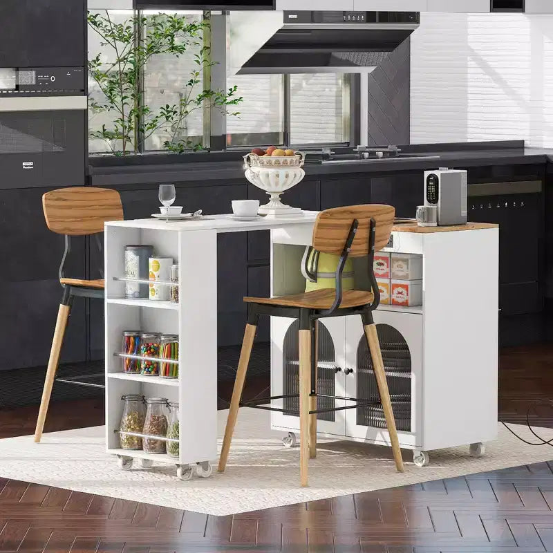 Îlot de cuisine roulant avec 2 portes en verre, Desserte de cuisine avec table extensible et prises de courant, Îlot de cuisine avec étagères ouvertes latérales