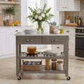 Desserte de cuisine roulante avec plateau en marbre, îlot de cuisine en bois massif avec 2 tiroirs, chariot de cuisine à 3 niveaux avec roues détachables verrouillables et porte-serviettes