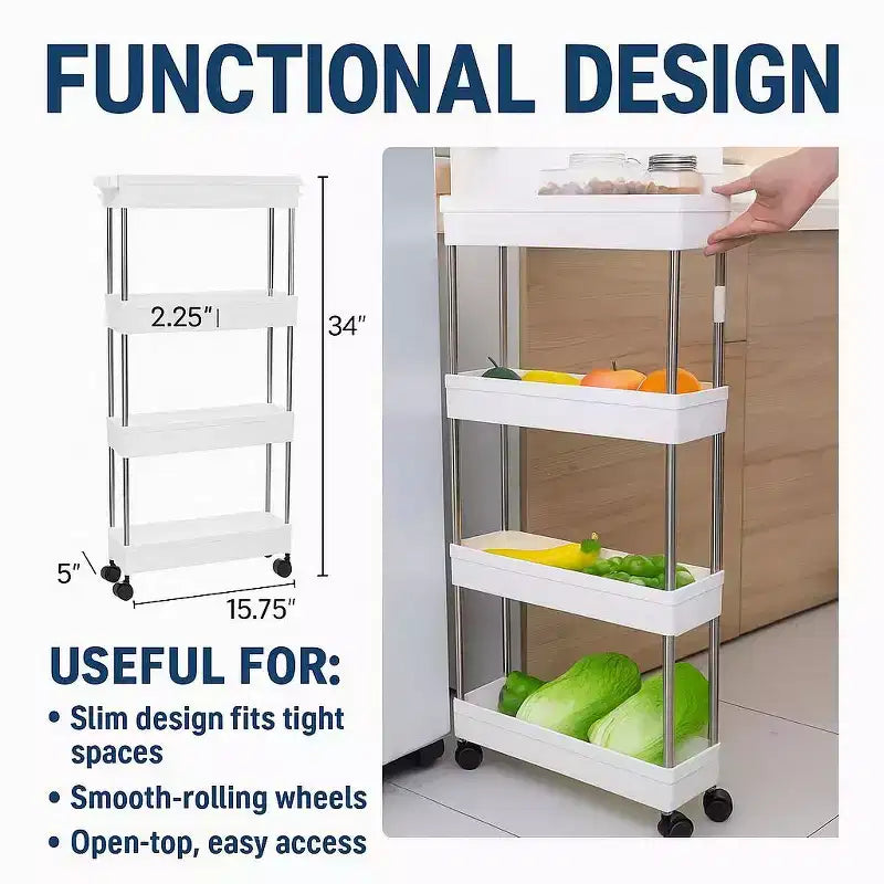 4-Tier Narrow Sliding Storage Organizer Rack - White Utility Cart