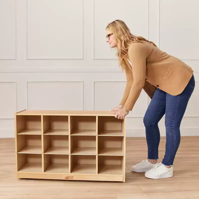 Meuble de rangement à roulettes Cubby avec 15 bacs à ouverture frontale, 3x4, Meuble pour enfants