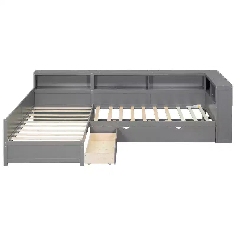 Lit plateforme en L de taille double avec lit gigogne et station de recharge, cadre de lit en bois avec étagère