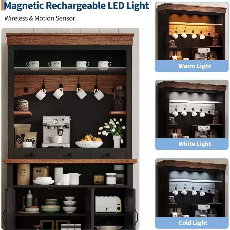 Meuble de bar à café de style ferme de 72 po de haut avec lumières LED, buffet de cuisine avec portes et tiroir, étagères réglables, rangement spacieux