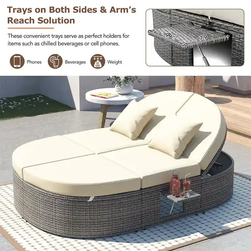 Lit de soleil extérieur double pour terrasse avec coussins et oreillers