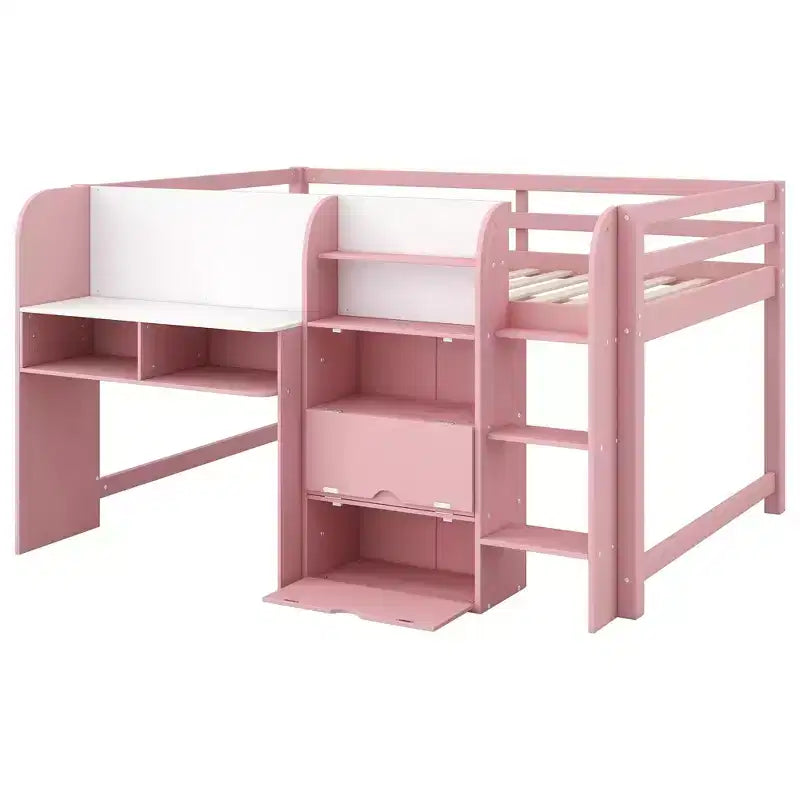 Lit mezzanine bas rose et blanc avec bureau, rangements et tableau blanc – Jumeau, 1 personne