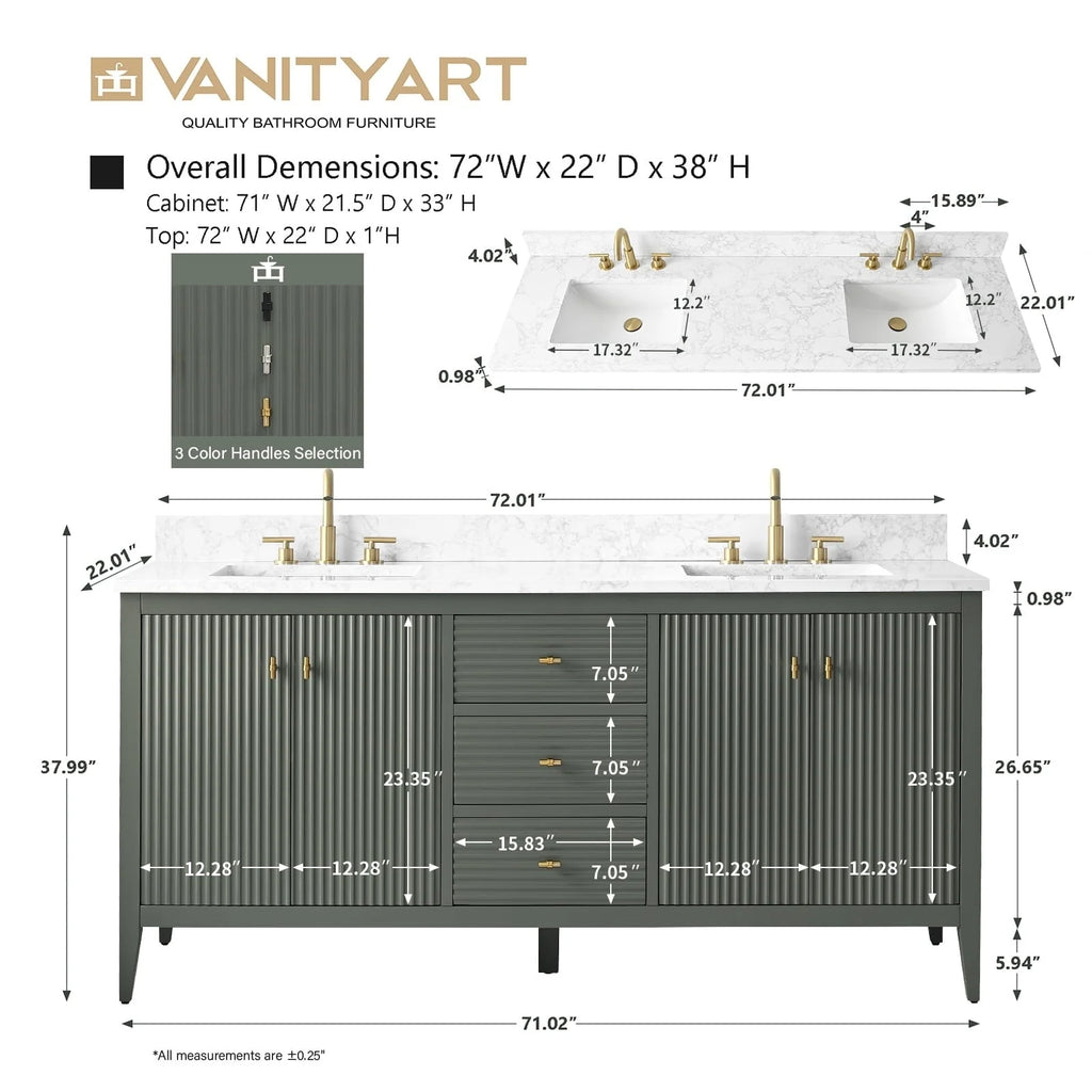 Meuble-lavabo de salle de bain Vanity Art 72 po à double vasque avec dessus en marbre reconstitué